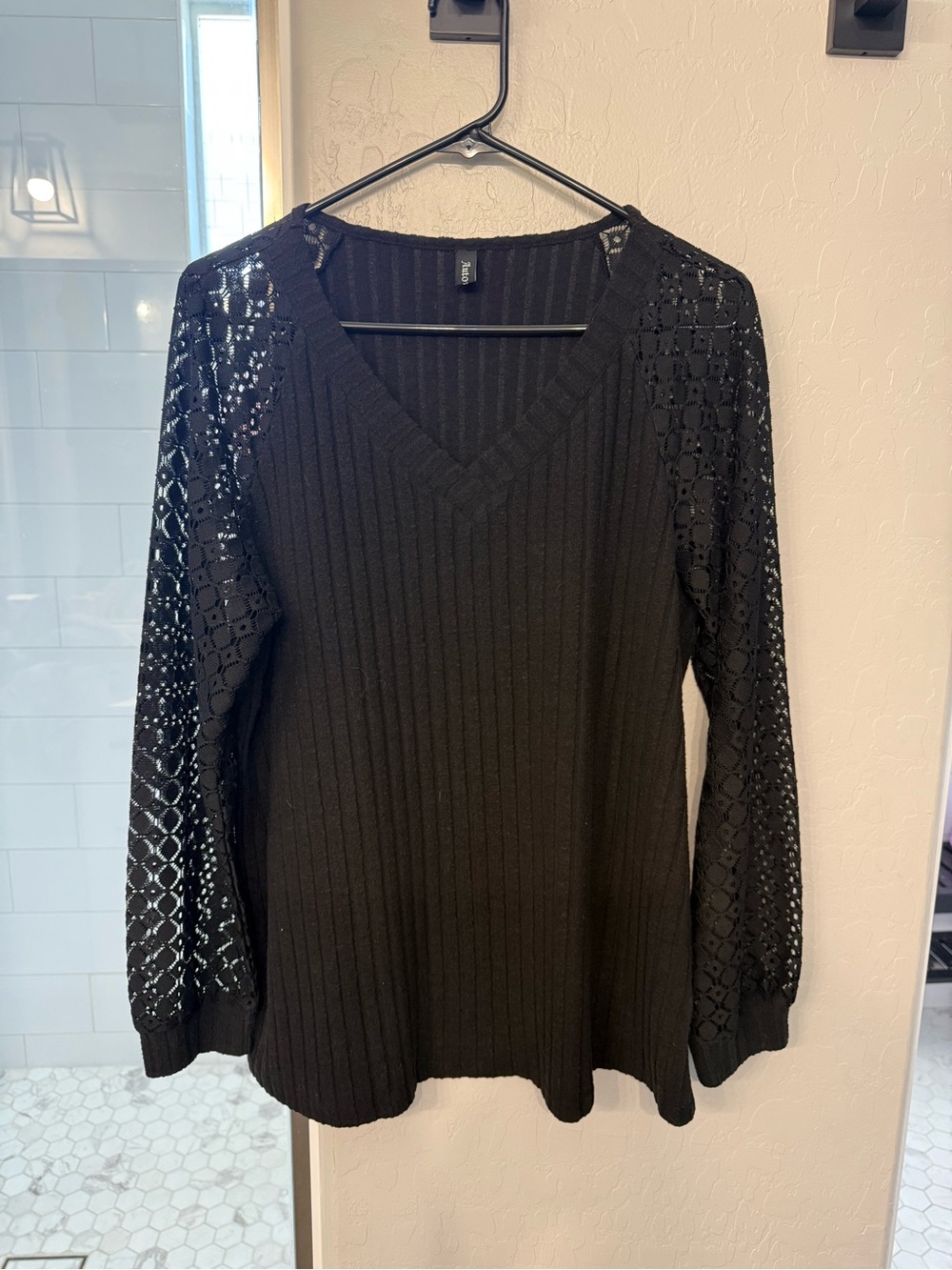 Women's Black V-Neck Sweater with Lace Crochet Sleeves